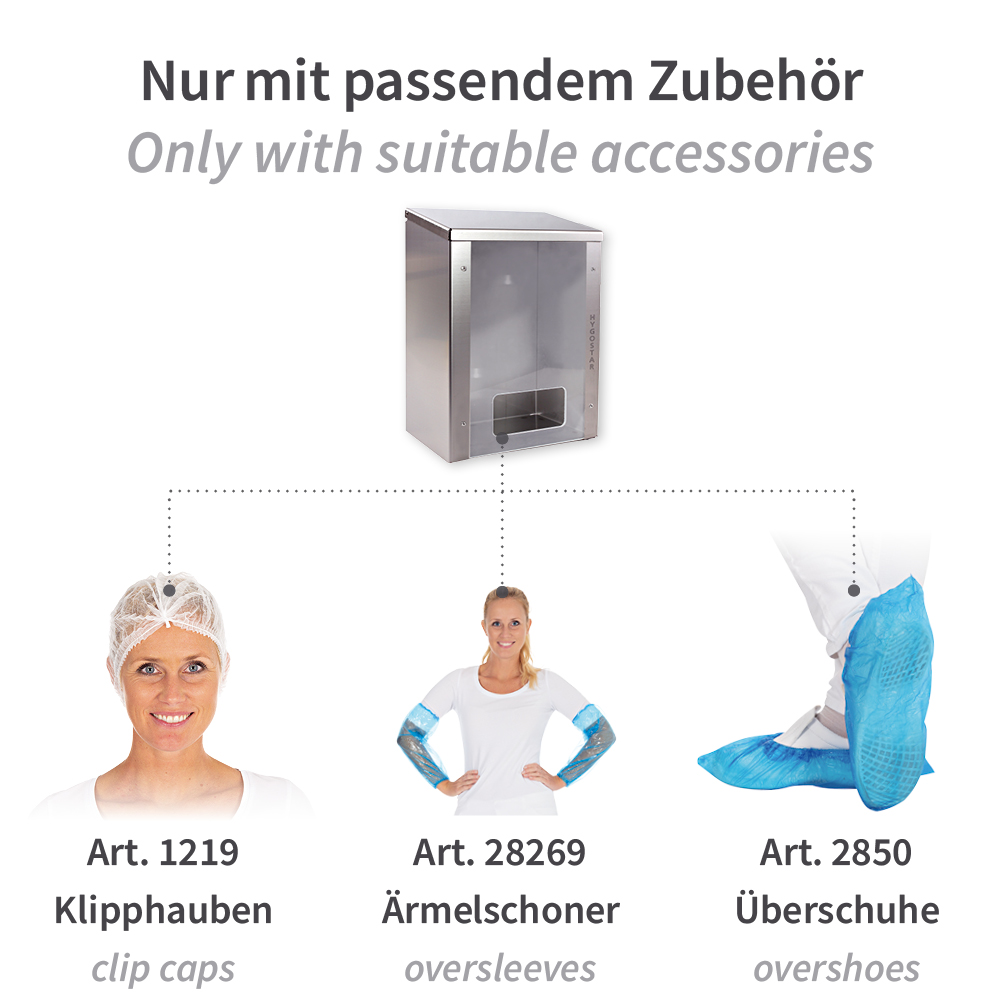 Multispender für Hauben, Ärmelschoner und Überschuhe | Edelstahl, passendes Zubehör Multispender für Hauben, Ärmelschoner und Überschuhe aus Edelstahl nur mit passendem Zubehör