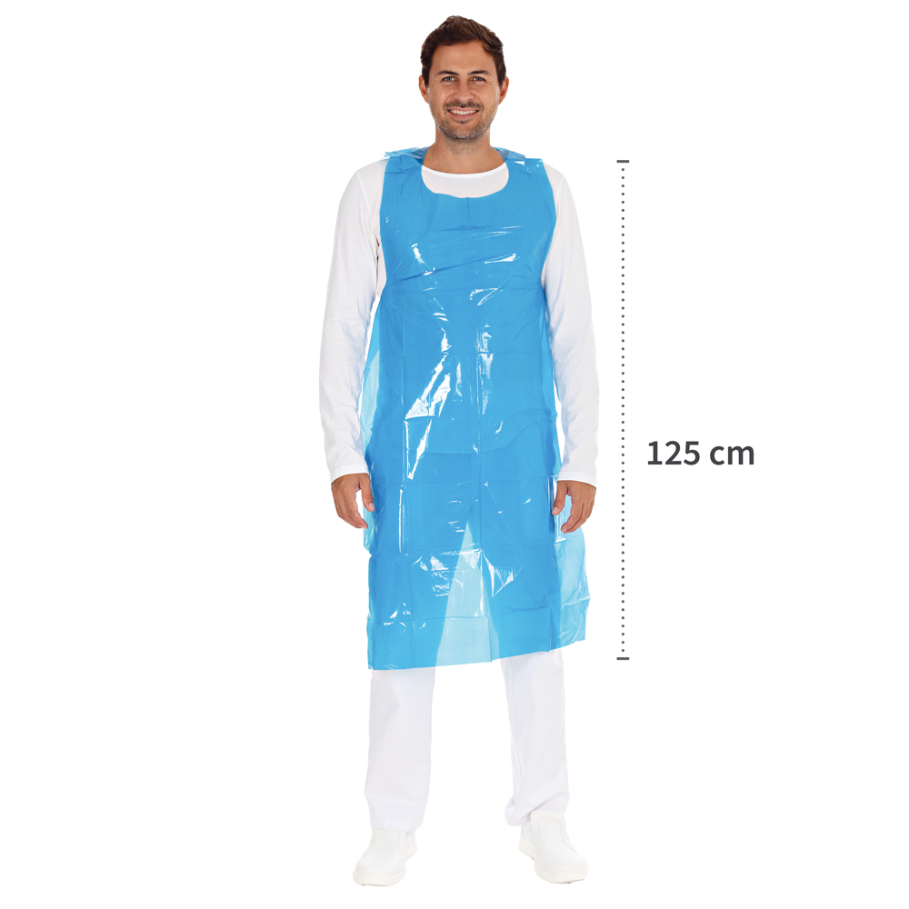 Disposable aprons on roll, 35my made of LDPE with dimensions in blue
