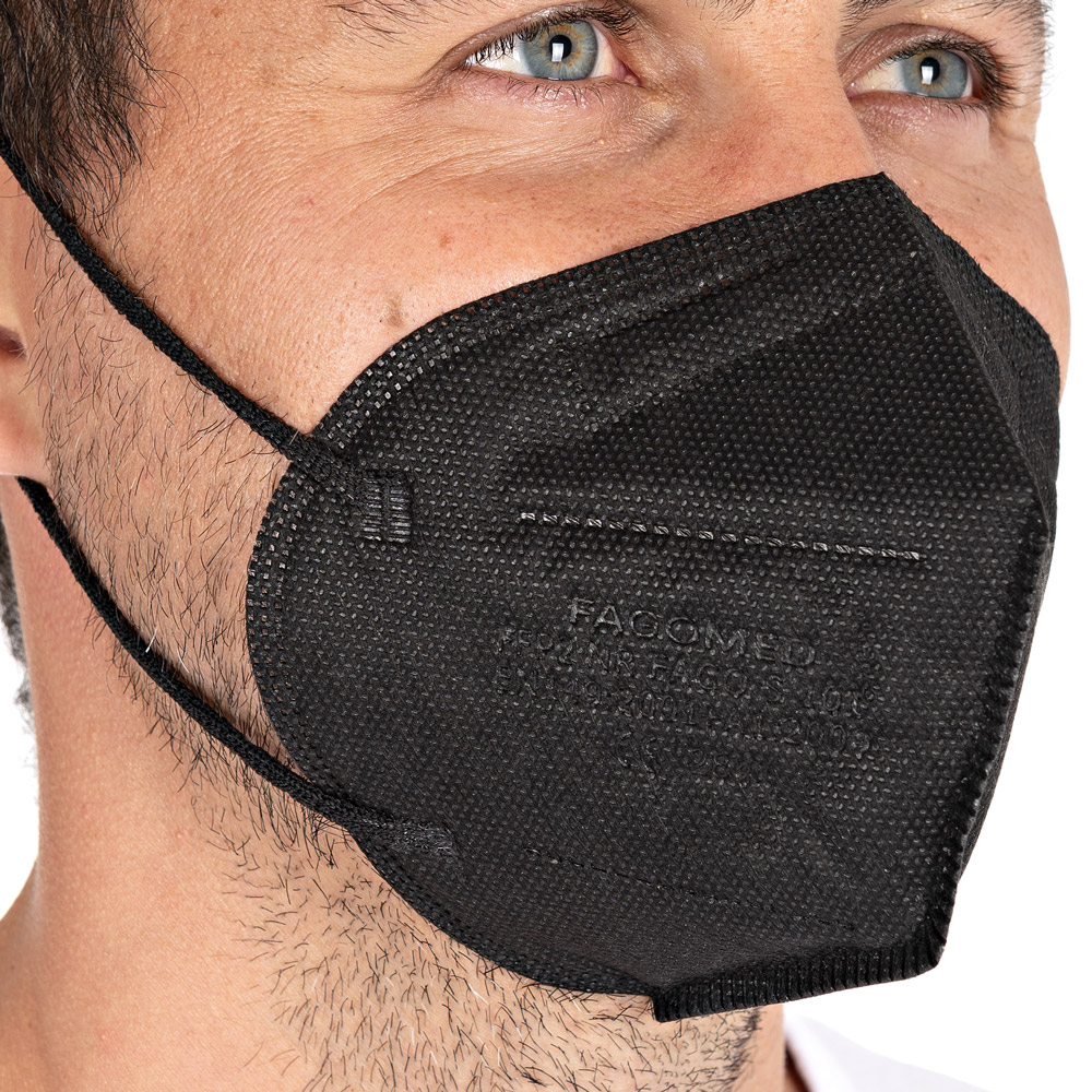 Respirators FFP2 NR, vertically foldable, ear loops made of PP as small pack in black in the close view