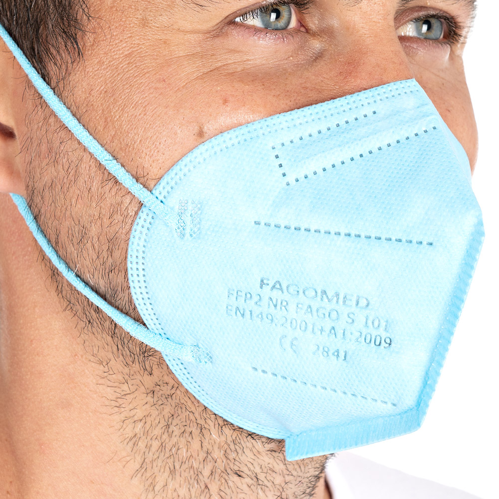 Respirators FFP2 NR, vertically foldable, ear loops made of PP as small pack in blue in the close view