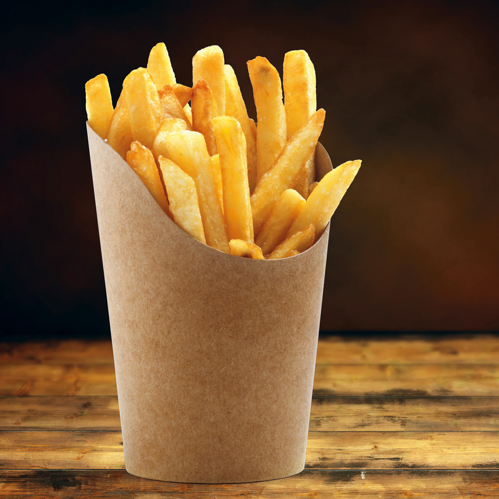 Organic snack cups Wrap made of kraft paper/PLA as an example of use with fries