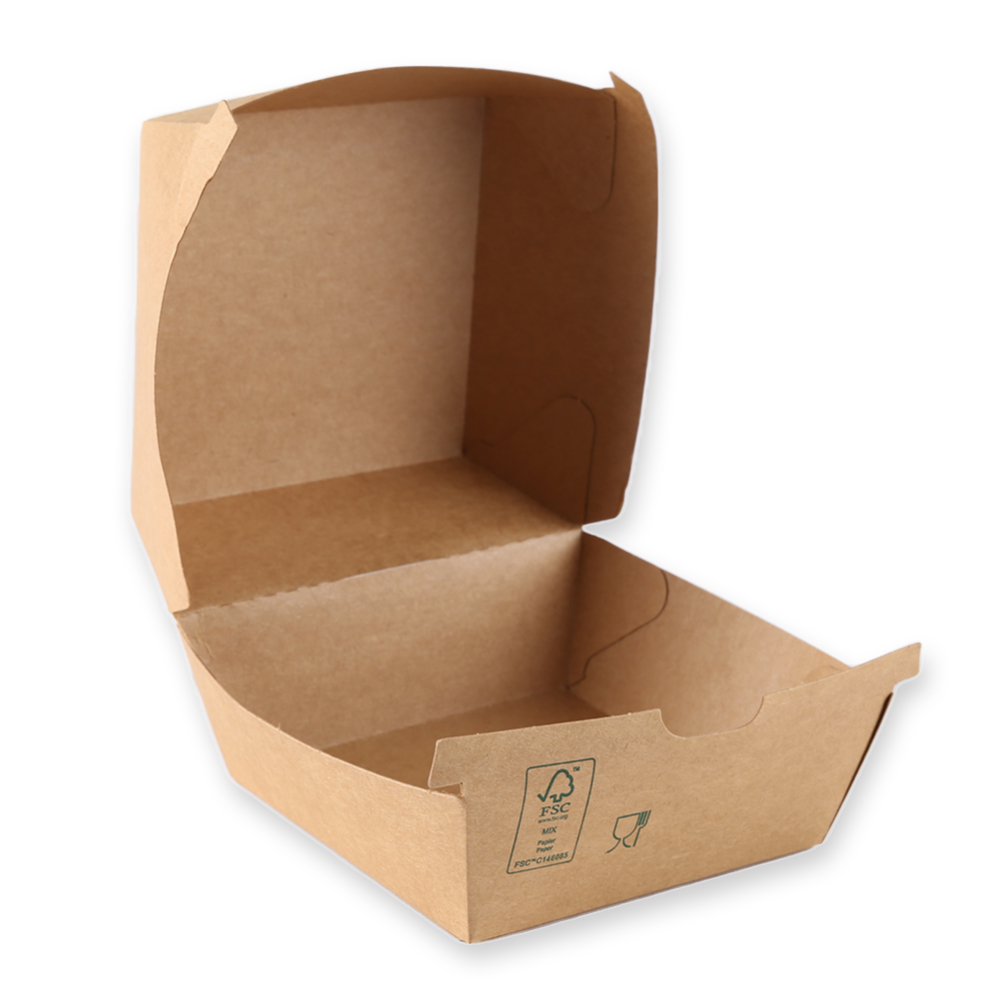 Hamburger-Boxen aus Kraftpapier/PE, FSC®-Mix mit geöffnetem Deckel
