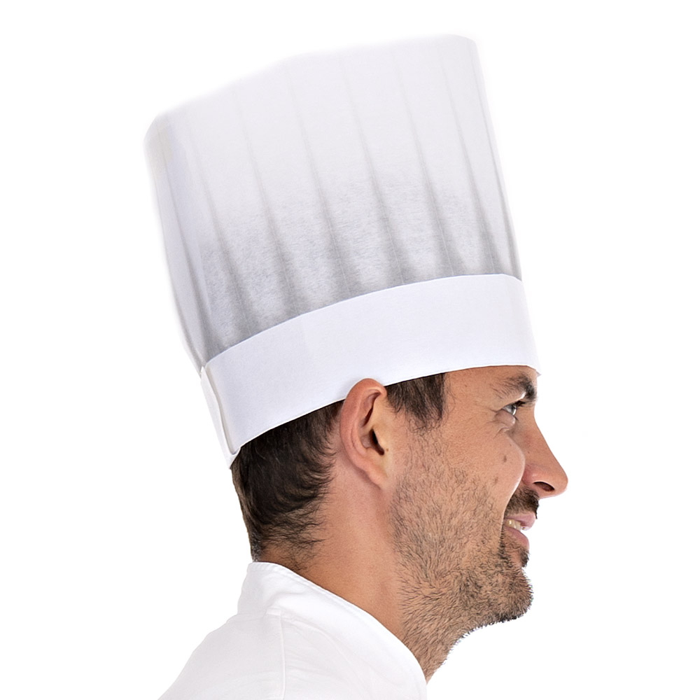 Europa Kochmütze Extra aus Viskose offenliegend in weiß mit Faltenschattierung in der Seitansicht 