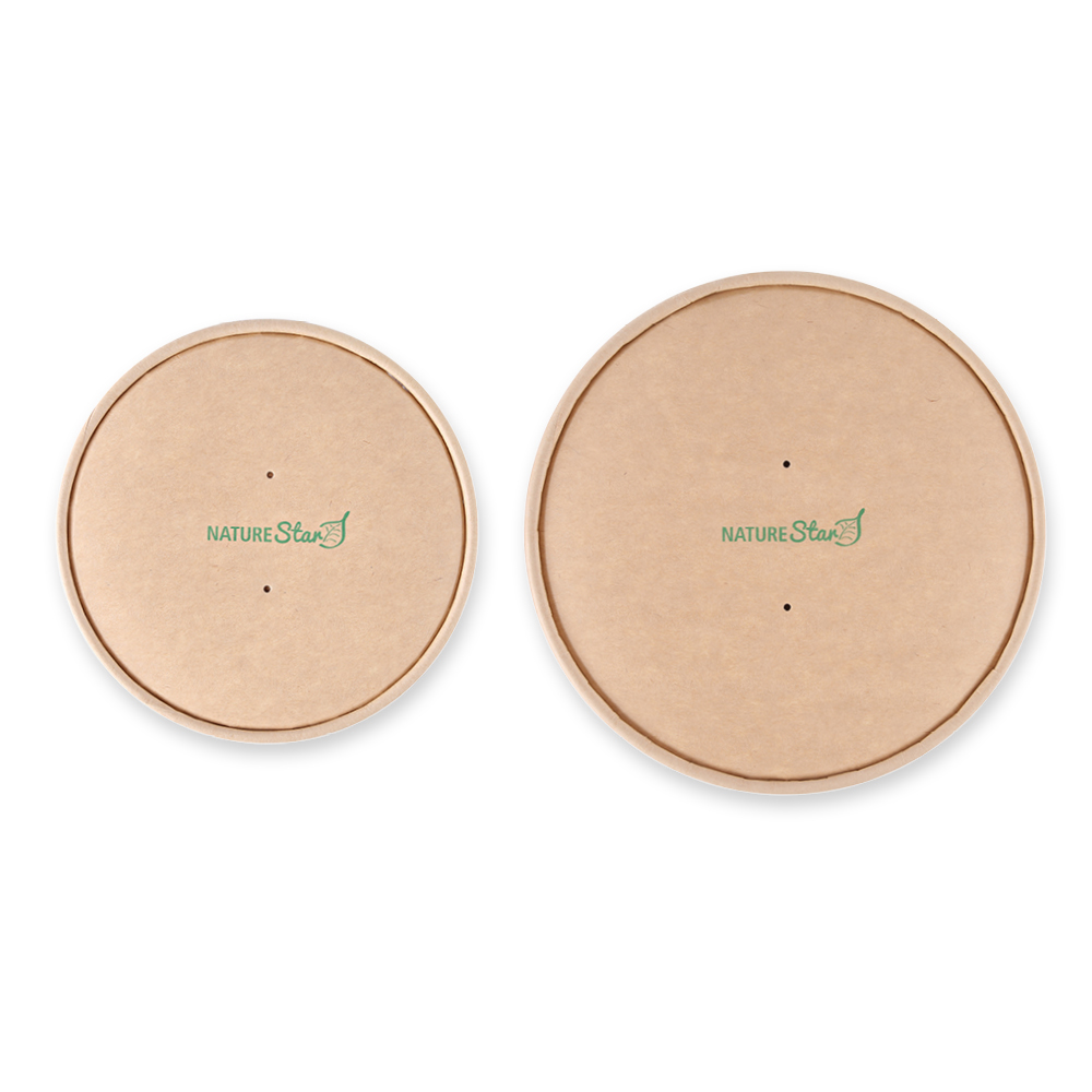 Organic lids for Caesar salad bowls made of kraft paper/PE in both sizes