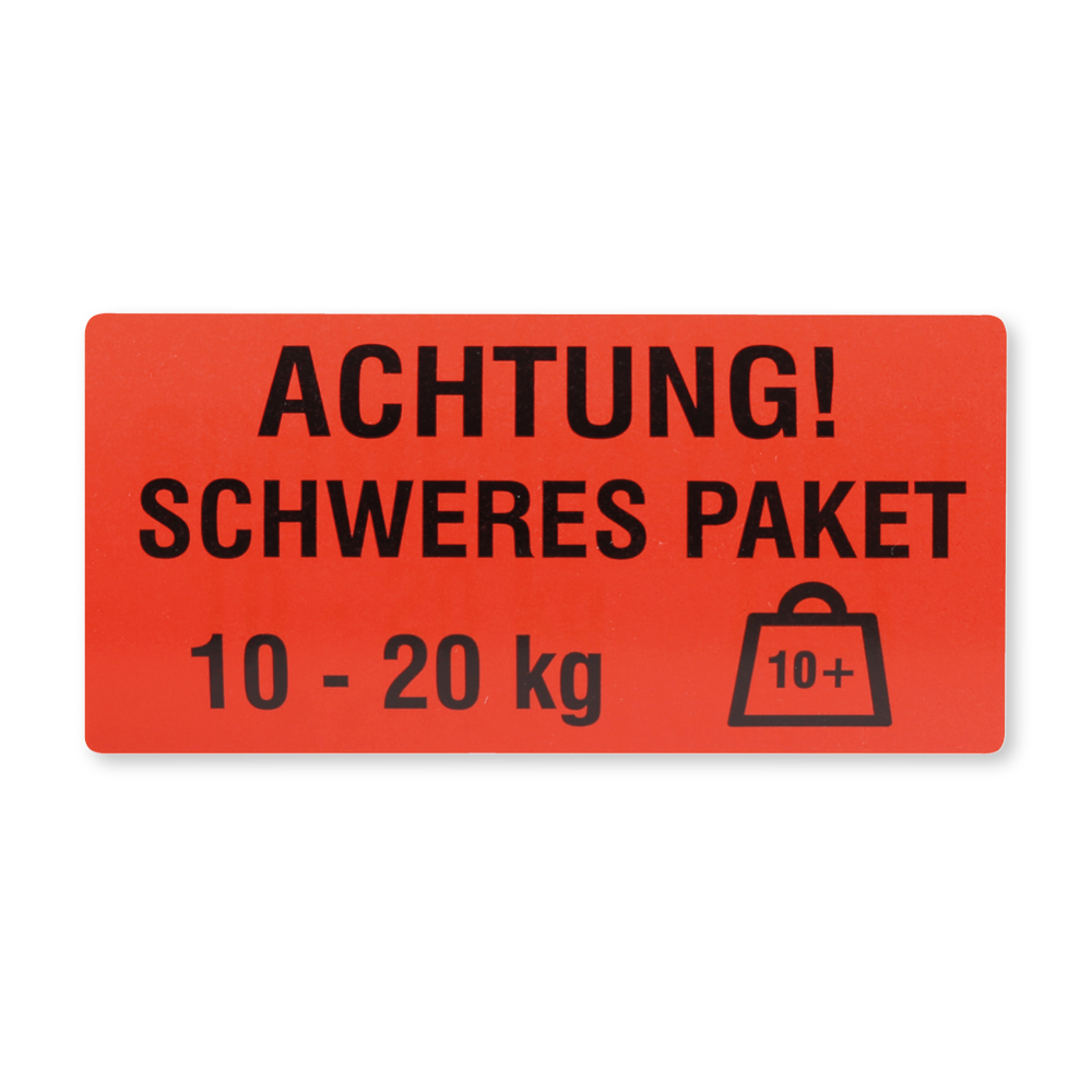 Versandaufkleber: Achtung, Schweres Paket 10 kg bis 20 kg, auf Rolle aus Papier als Portrait
