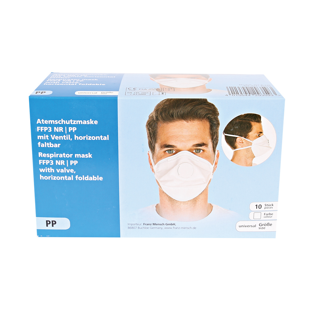 Atemschutzmasken FFP3 NR mit Ventil, horizontal faltbar aus PP in der Verpackung