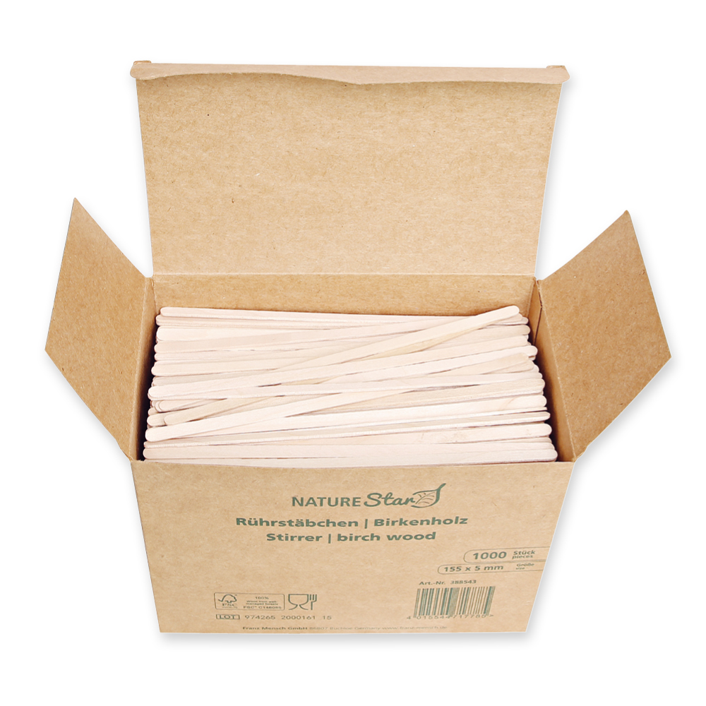 Rührstäbchen aus Birkenholz, FSC®-zertifiziert, offene Verpackung