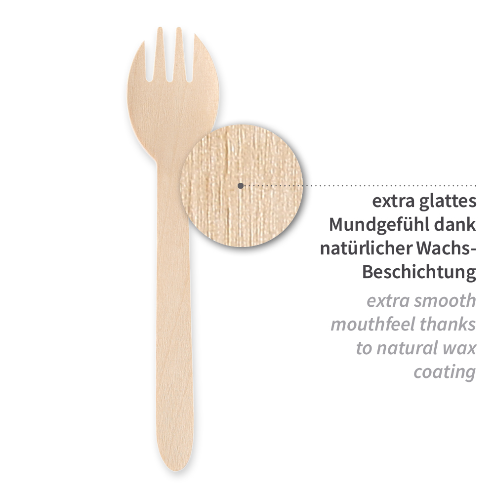 Organic cutlery sets Spork made of wood, FSC® 100%, wax coated, properties