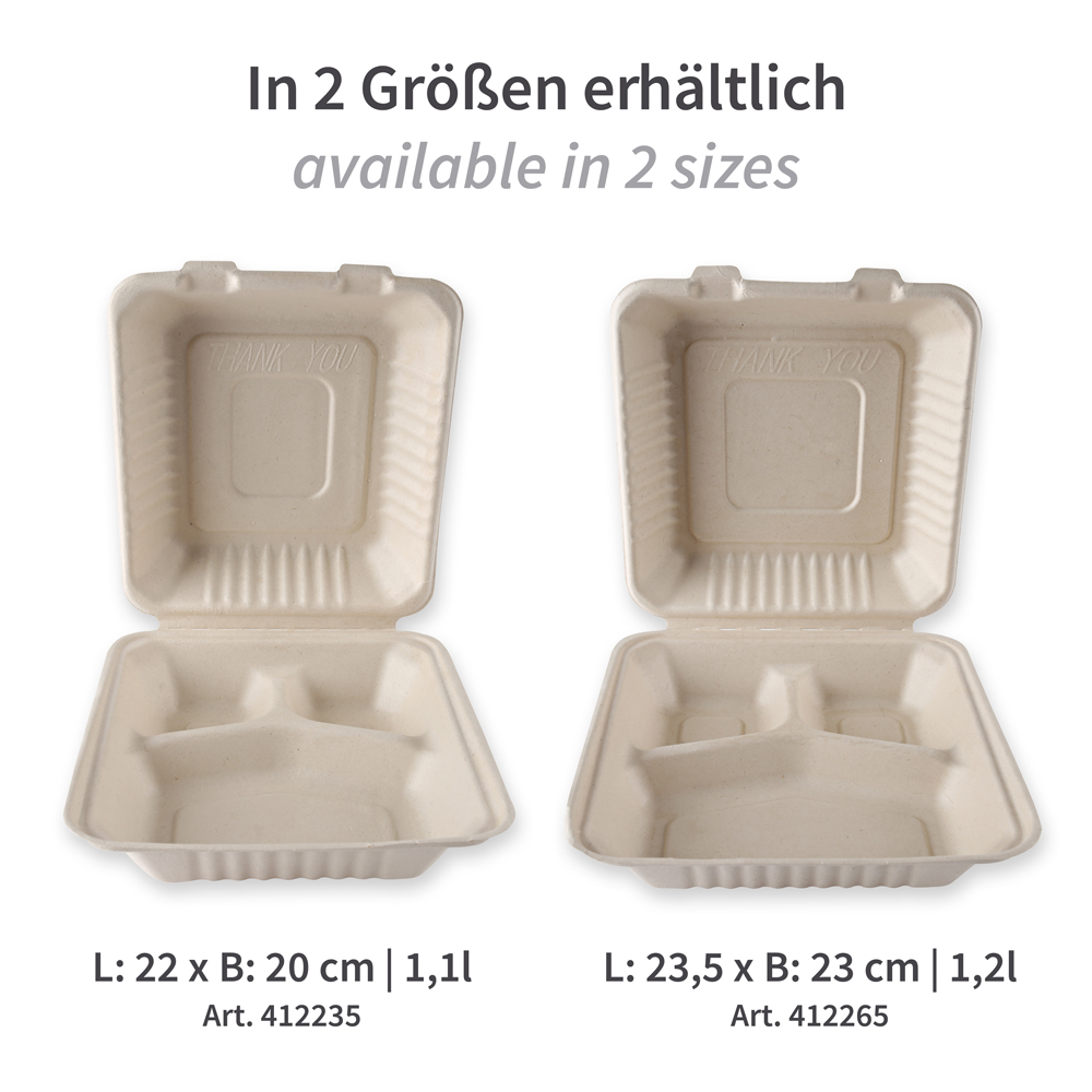 Organic menu boxes with hinged lid, 3-compartments, made from bagasse in 2 sizes