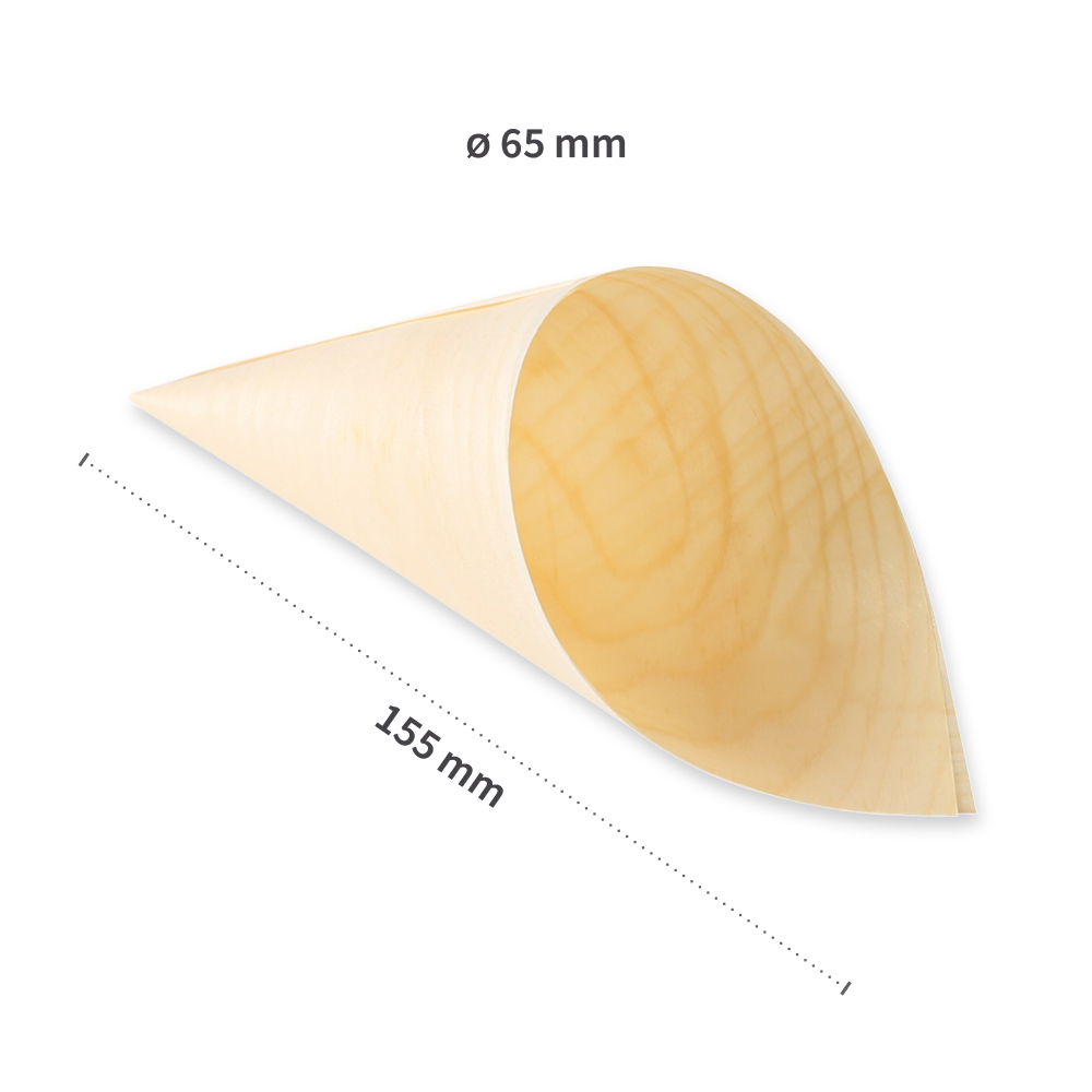 Biodegradable wooden cone made of Pine wood, measurements, 155mm