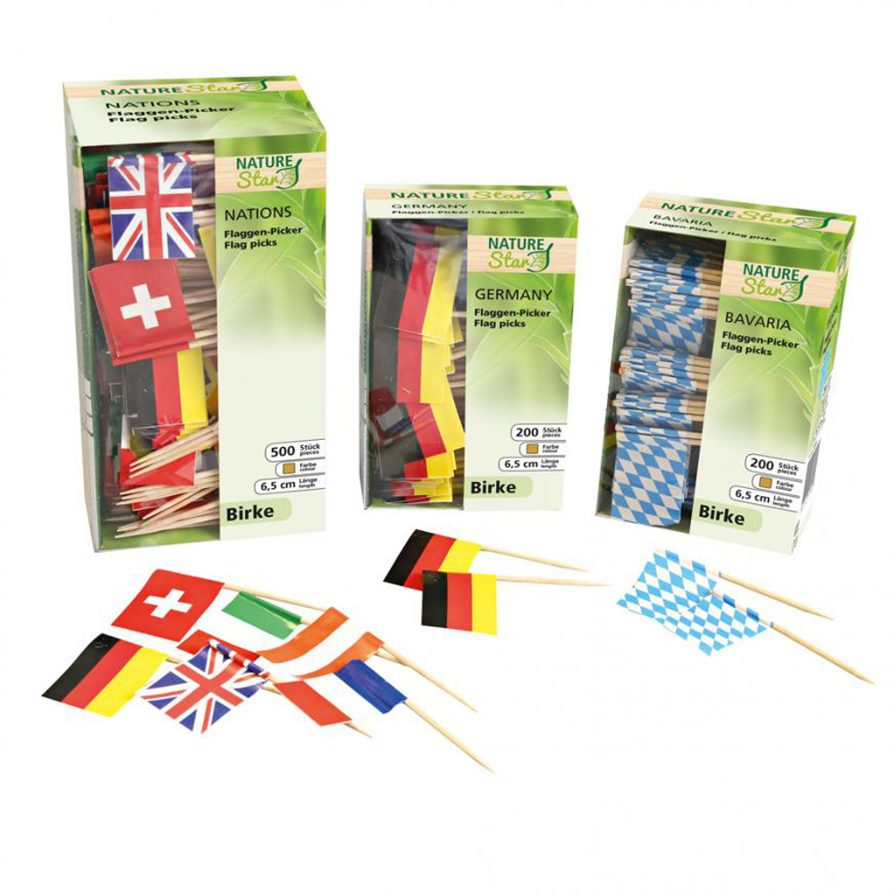 Flaggenpicker aus Birkenholz in der Verpackung mit verschiedenen Flaggen