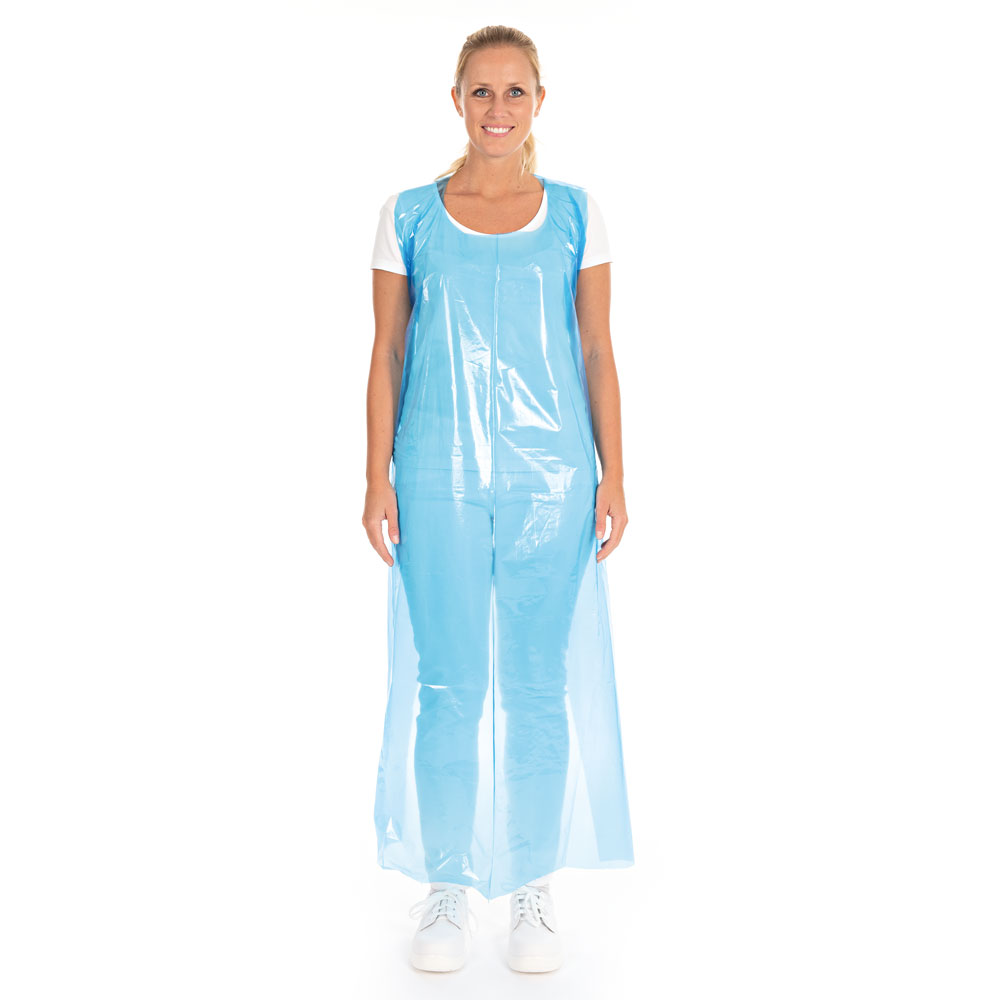 Disposable aprons blocked approx. 25 my made of LDPE in blue in the front view