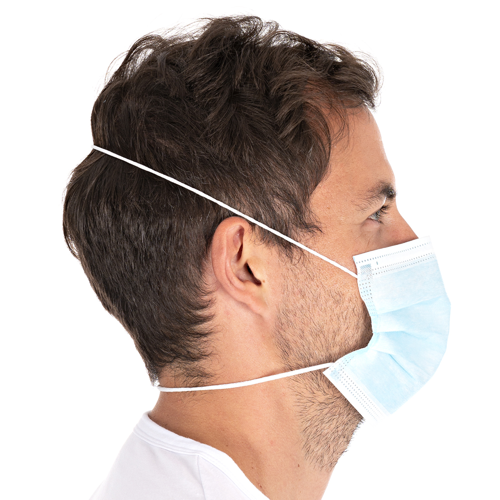 Mundschutz Typ II, 3-lagig aus PP, Kopfband in der Seitenansicht blau
