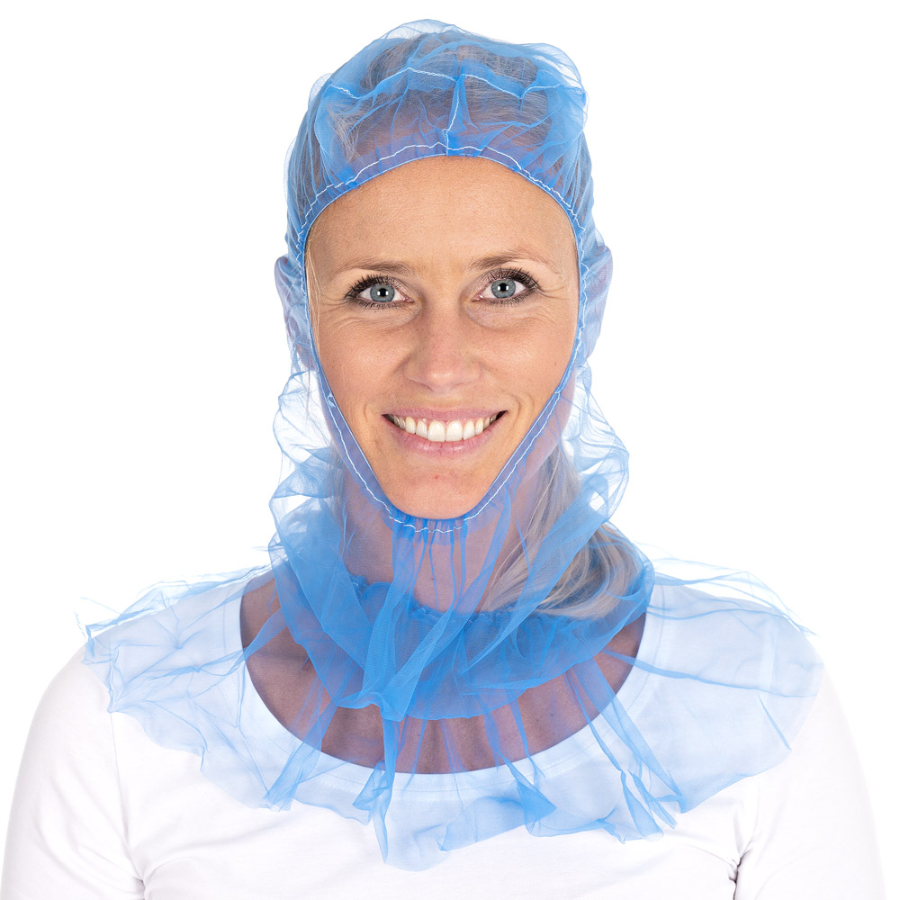 Astrohauben Micromesh mit Cape | Nylon, blau, Frontansicht, unter Kinn Astrohauben Micromesh mit Cape aus Nylon in blau in der Frontansicht unter dem Kinn