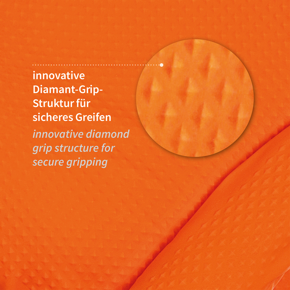 Nitrilhandschuhe Diamond Grip, puderfrei in orange mit Fischschuppenstruktur