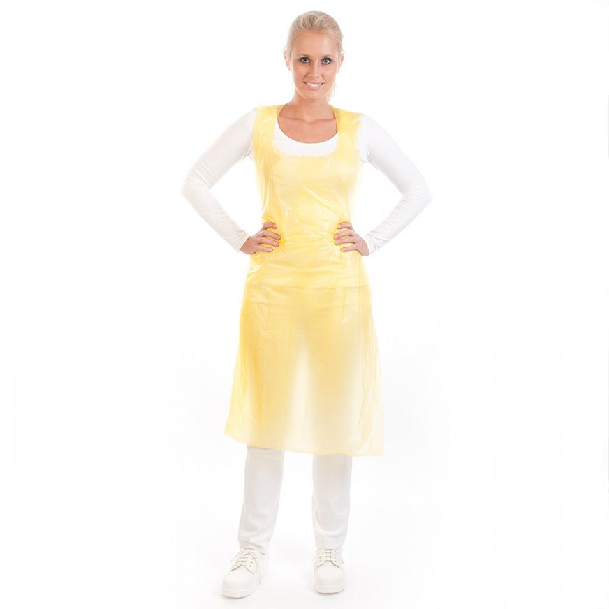 Disposable aprons on roll, 16my made of LDPE in yellow