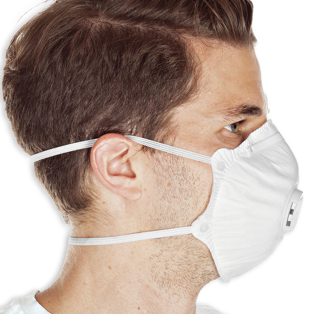 Atemschutzmasken FFP1 NR mit Ventil, vorgeformt aus PP, in weiß, Seitenansicht