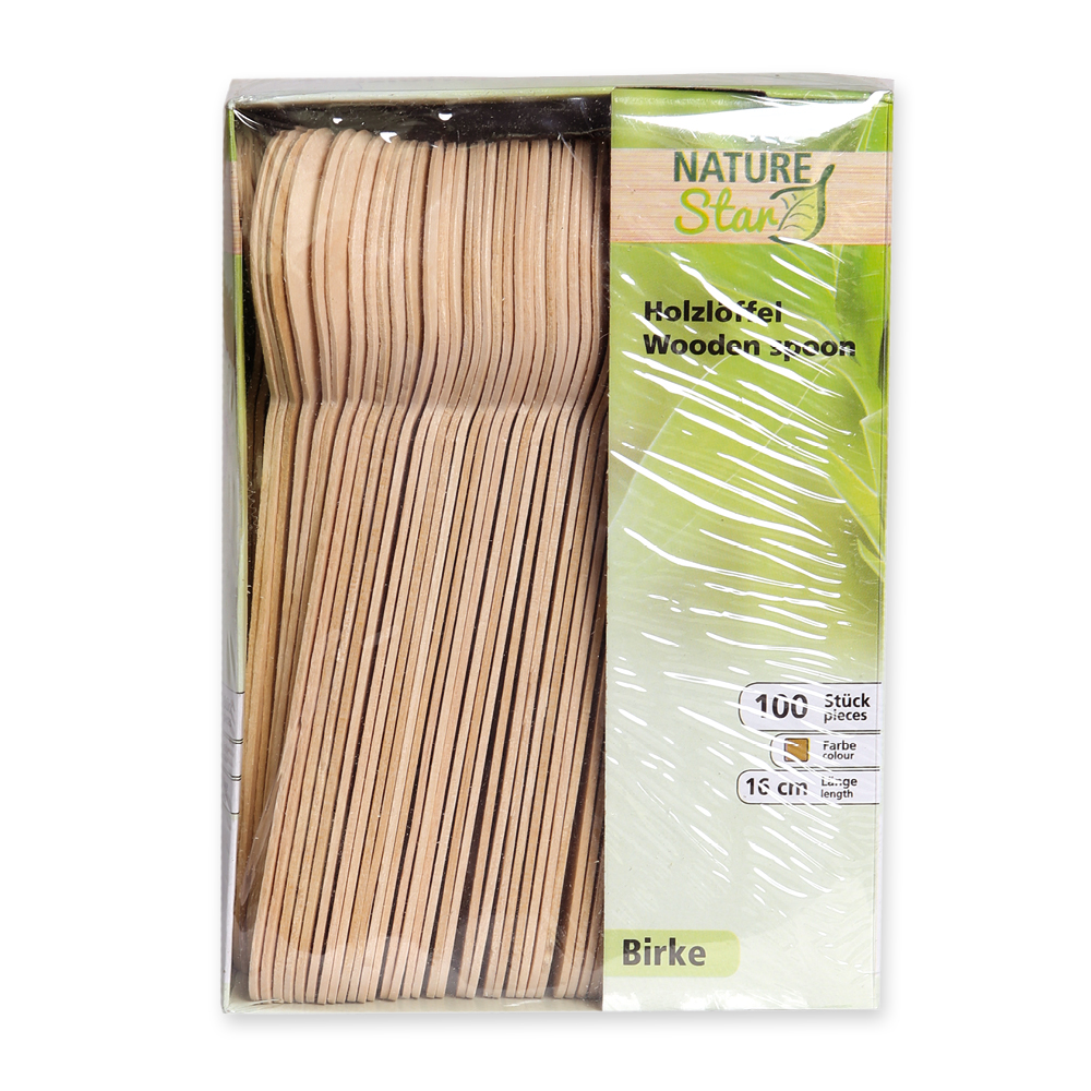  Organic disposable birch wood spoon in packaging 