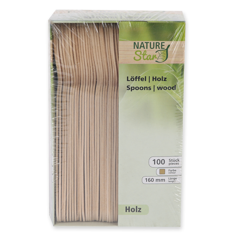 Bio Einweglöffel | Birkenholz, Verpackung Bio Einweglöffel aus Birkenholz in der Verpackung