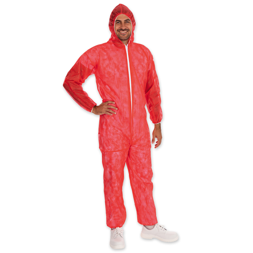 Coveralls Light with hood made of PP, front view, red