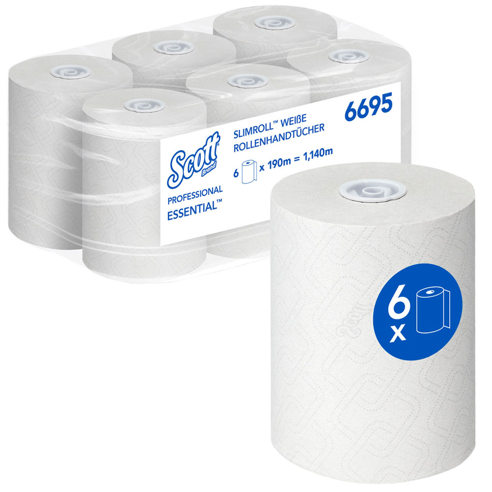 Scott® Essential™ Slimroll™ Handtücher, 1-lagig, Rolle FSC®-Mix, Verpackung Scott® Essential™ Slimroll™ Handtücher, 1-lagig auf der Rolle FSC®-Mix mit der Verpackung