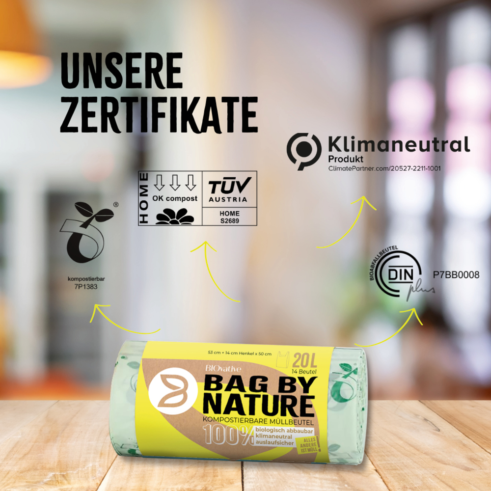 Bio-Müllbeutel mit Griff, 20 l | Maisstärke, Rolle, Zertifikate Bio-Müllbeutel mit Griff, 20 l aus Maisstärke auf Rolle mit Zertifikate
