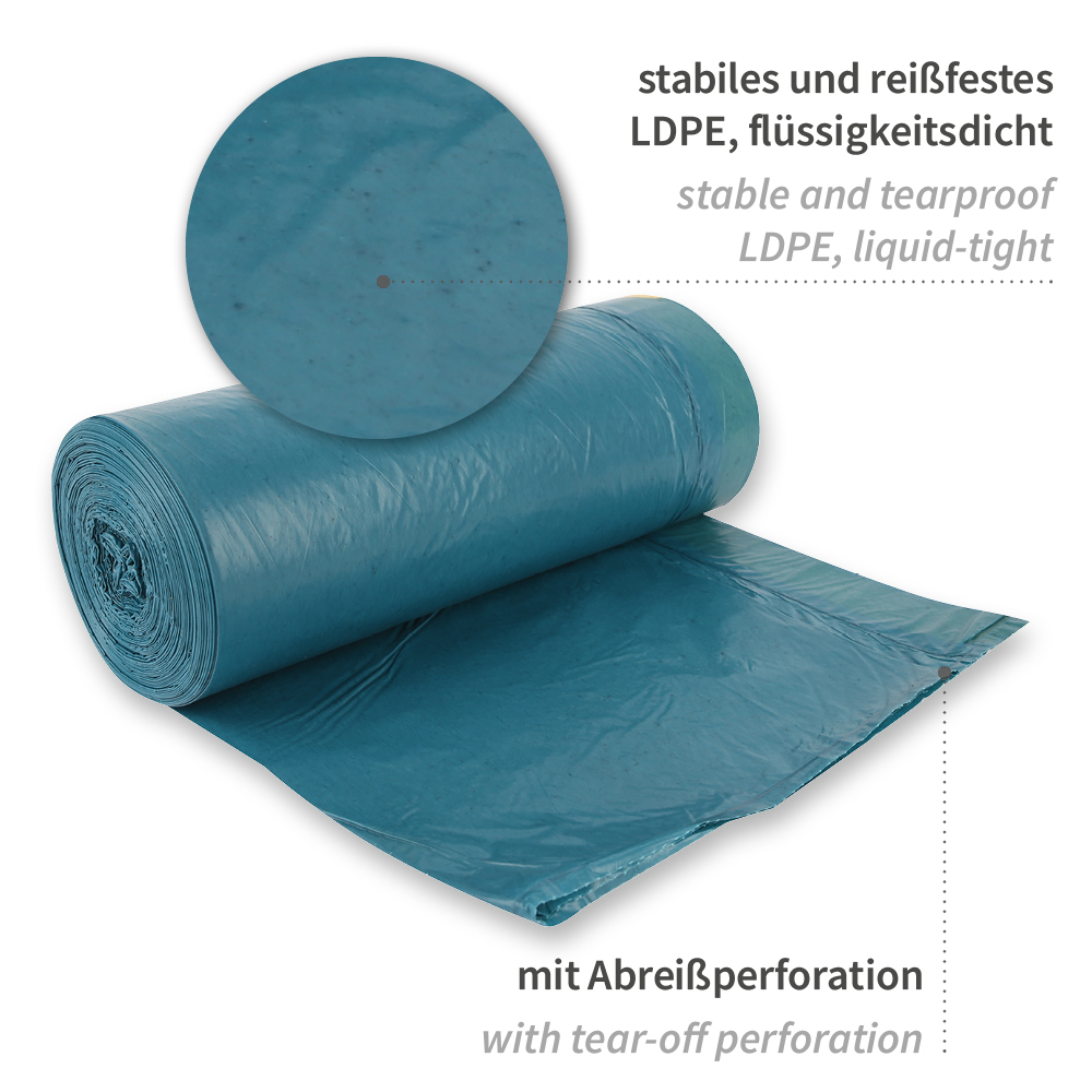 Müllsäcke mit Zugband, 120 l aus LDPE auf der Rolle in der schrägen Ansicht
