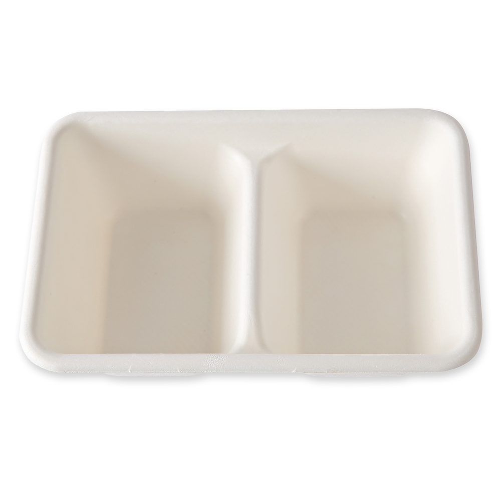 Organic trays, 2 compartments made of bagasse, top view