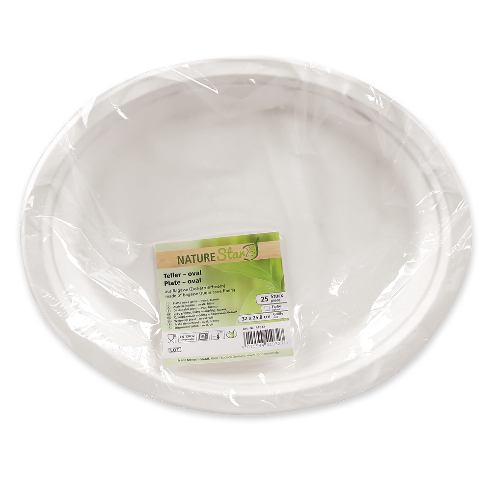 Organic plates, oval made of bagasse, packaging