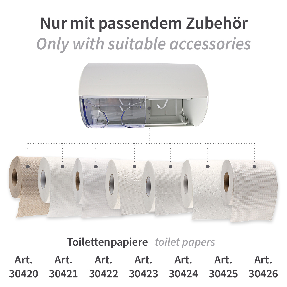 Toilettenpapierspender aus Kunststoff mit passendem Zubehör