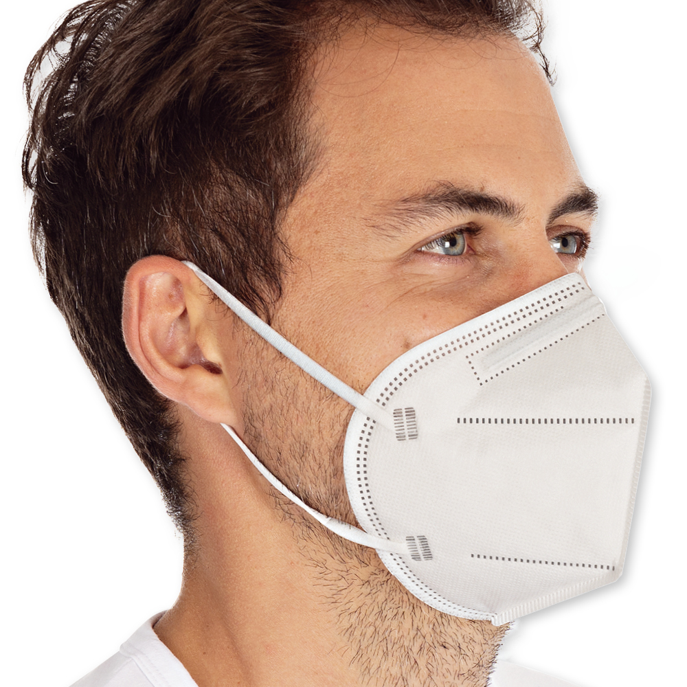 Respirators FFP2 NR, vertically foldable, ear loops made of PP as small pack in the oblique view