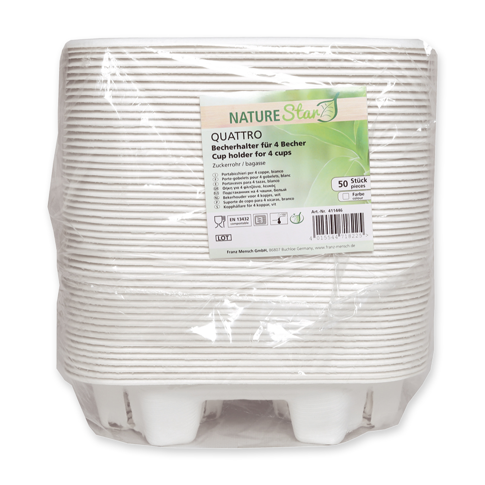 Organic cup holder Quattro made of bagasse, packaging