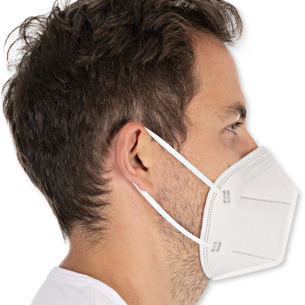 Respirators FFP2 NR, vertically foldable, ear loops made of PP as small pack in the side view