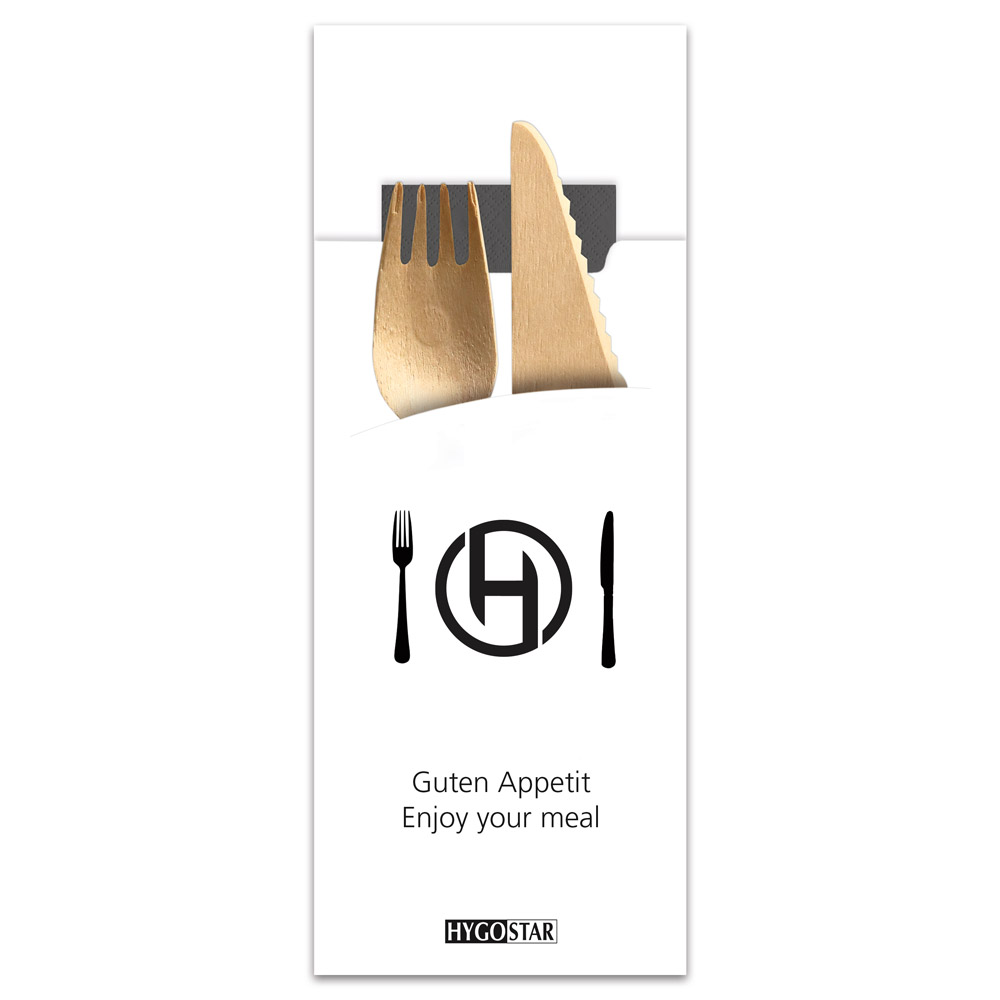 Cuterly Pouches "Line H" made of Paper, FSC®-certified in white with cutlery and napkin in black