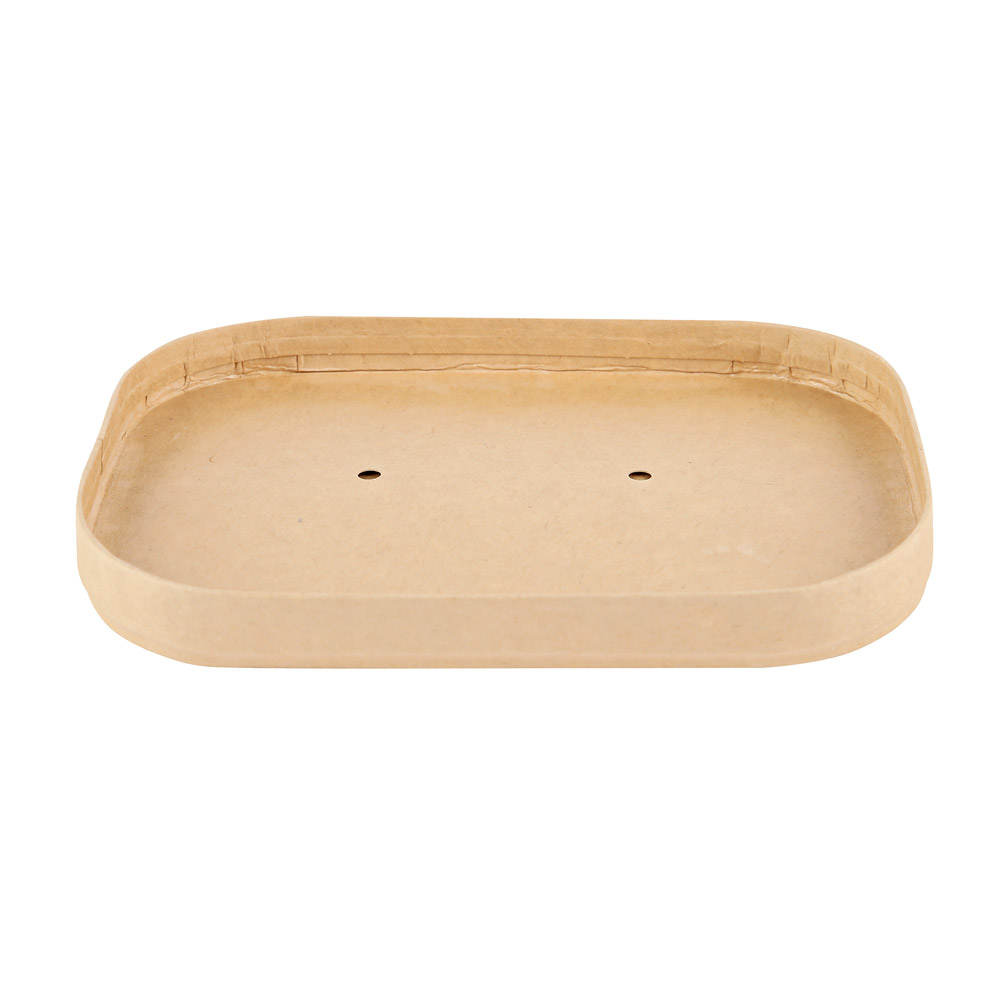 Organic lids for trays Takeaway made of kraft paper/PE, FSC®-mix in the front view of the bottom side