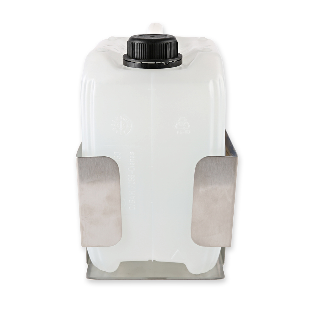 Wandhalter für Kanister aus Edelstahl, Frontansicht mit Kanister