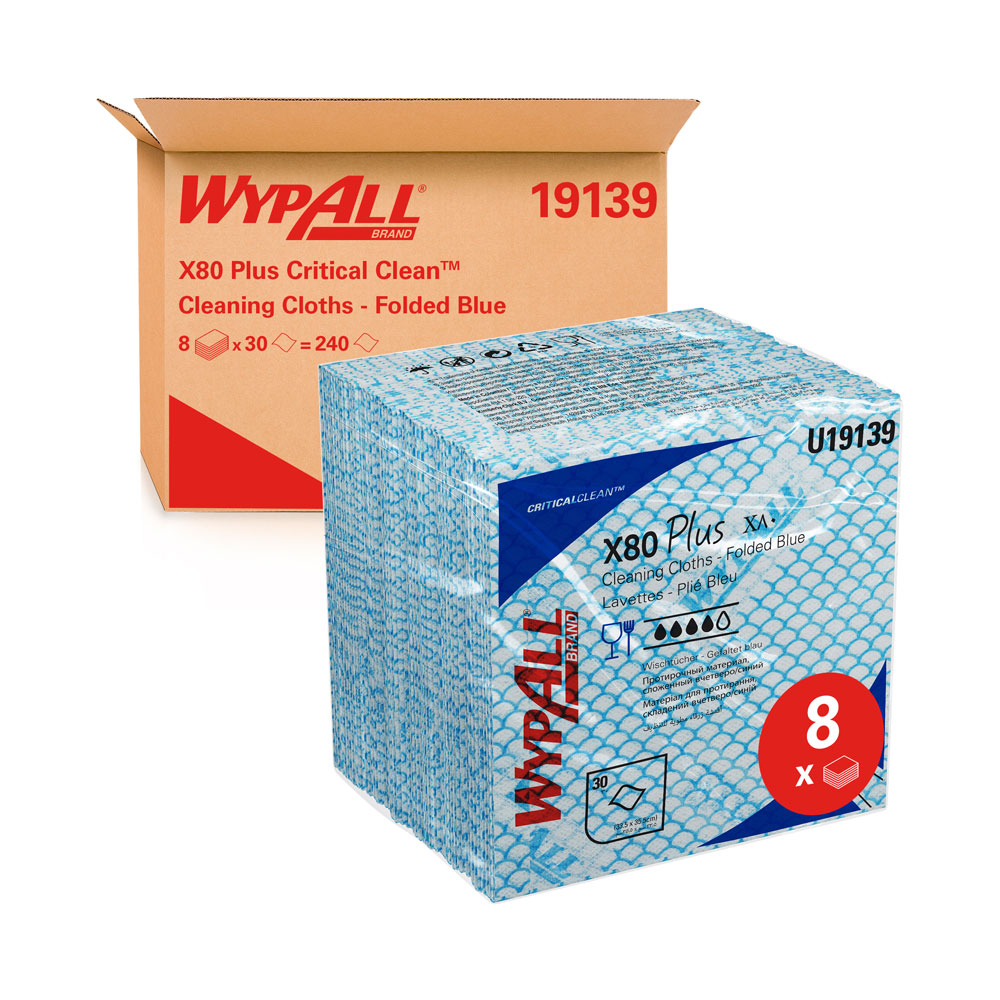 WypAll® X80 Plus Critical Clean™ cleaning cloths, quarterfold in the oblique view