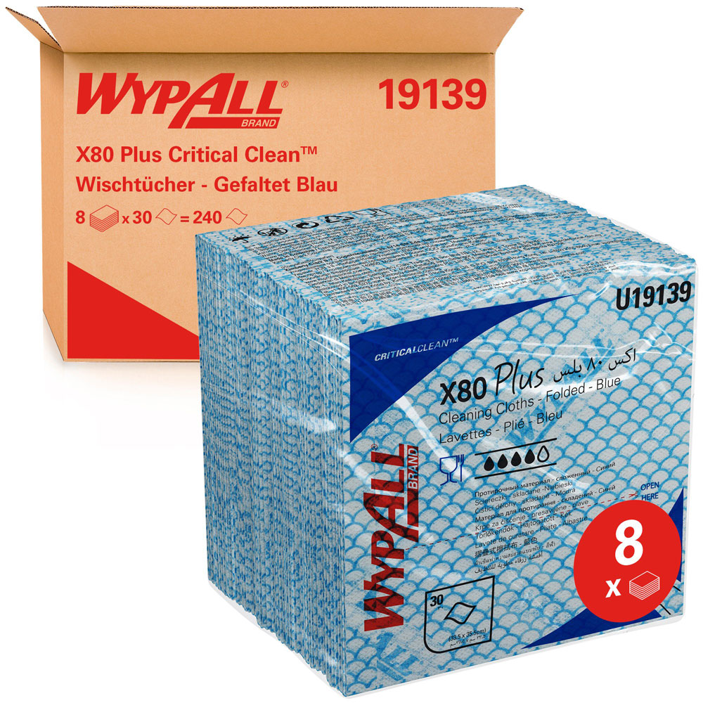 WypAll® X80 Plus Critical Clean™ cleaning cloths, quarterfold in the oblique view
