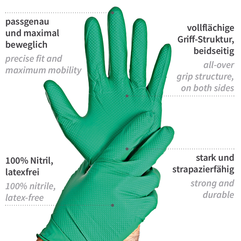 Nitrile gloves Power Grip, powder-free in green with explanation
