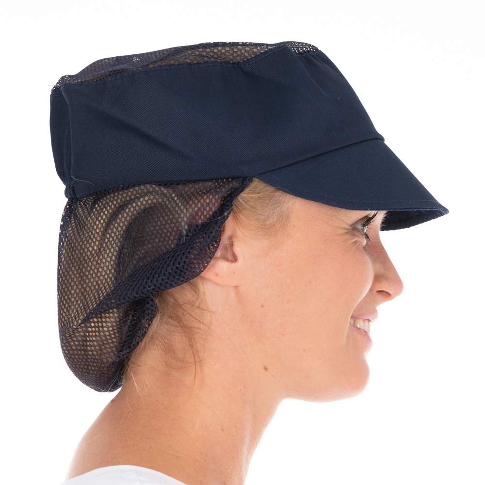 Peaked snood caps made of Polycotton in dark blue in the side view