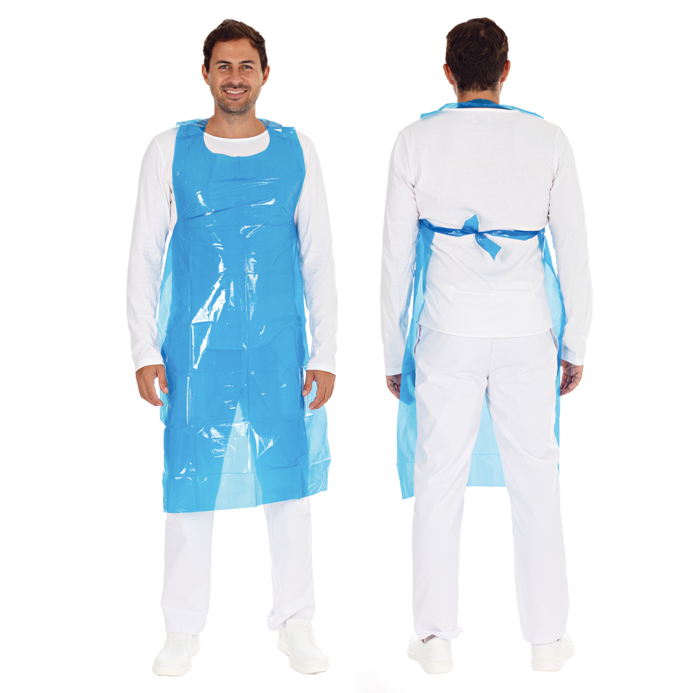 Disposable aprons on roll, 35my made of LDPE in the all-around mix in blue