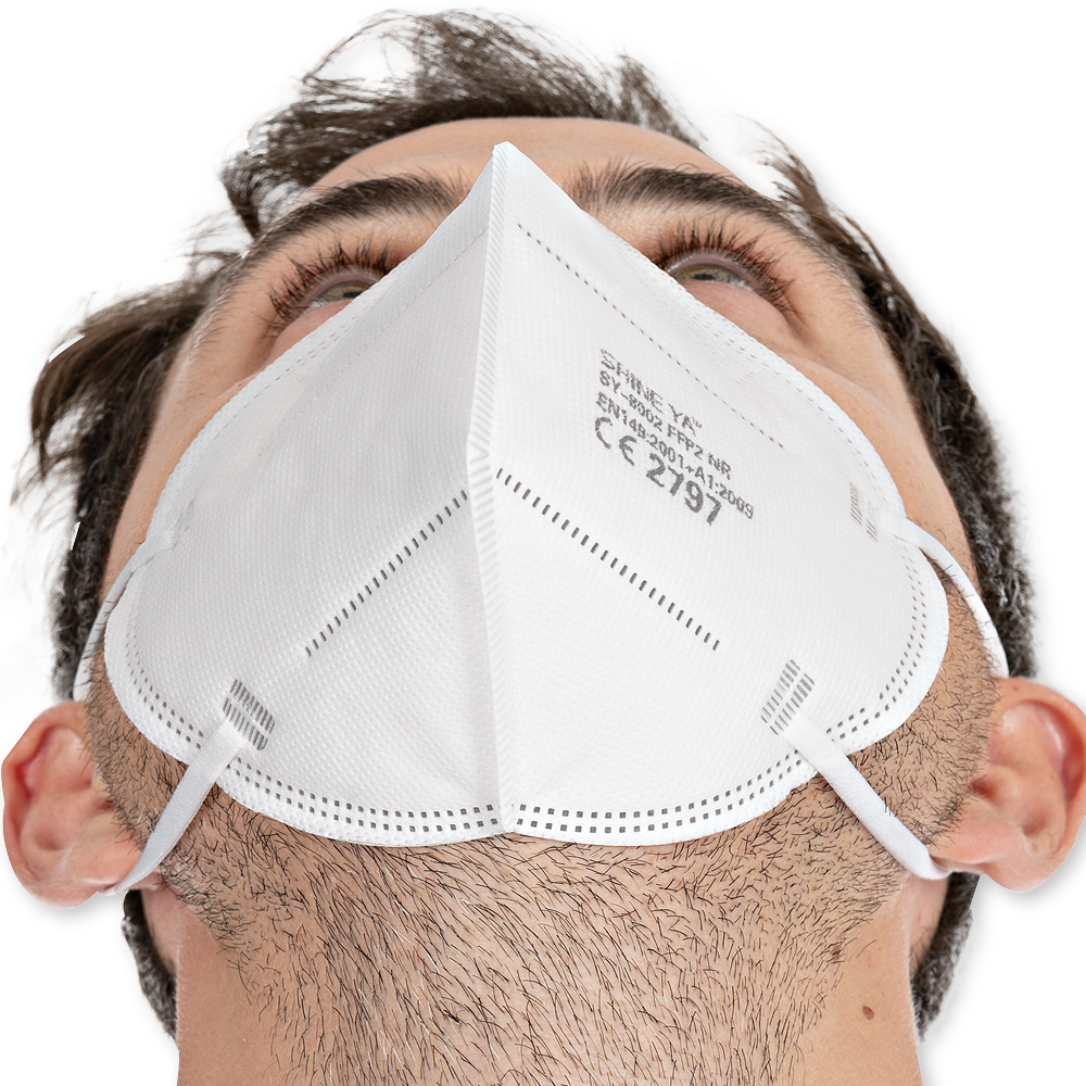 Respirators FFP2 NR, vertically foldable, ear loops made of PP as small pack in the bottom view