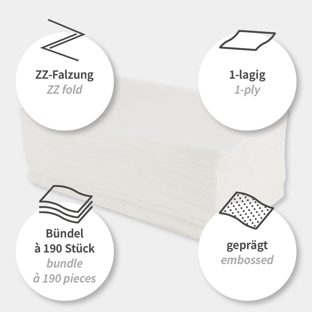 Papierhandtücher, 1-lagig | Zellulose, V/ZZ-Falzung, Eigenschaften Papierhandtücher, 1-lagig aus Zellulose mit V/ZZ-Falzung mit Eigenschaften