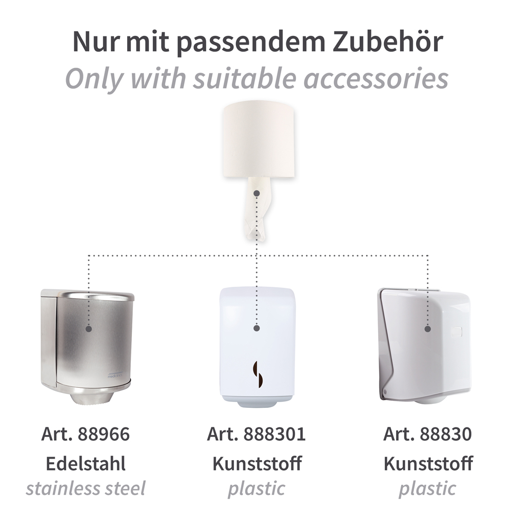 Papierhandtuchrollen, 2-lagig | Zellulose, Innenabwicklung, FSC®-Mix, Zubehör Papierhandtuchrollen, 2-lagig aus Zellulose mit Innenabwicklung, FSC®-Mix, Zubehör
