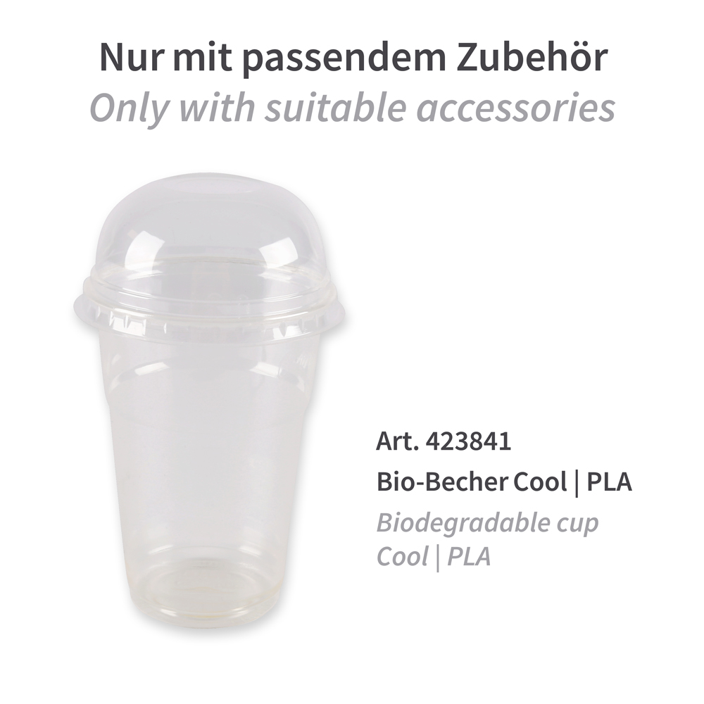 Lids for cold beverages cups made of PLA, art. 423864 with suitable accessories