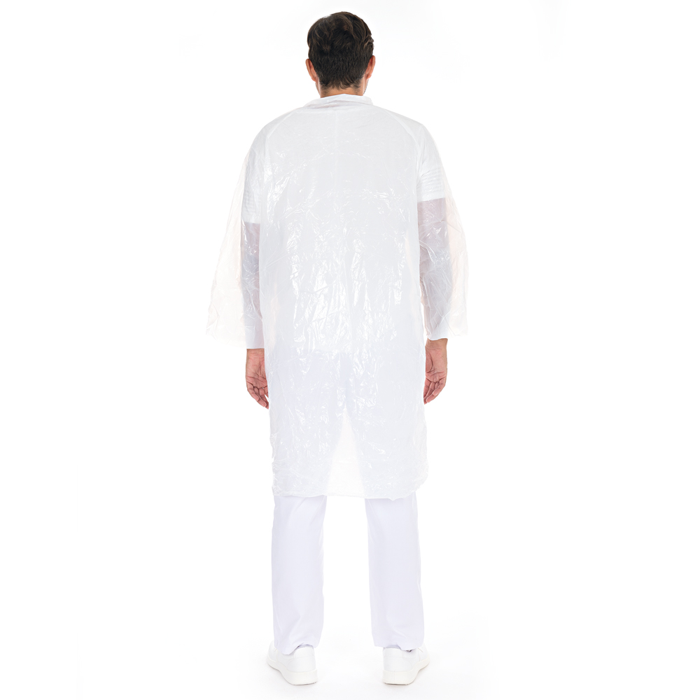 Visitor gowns with push buttons made of PE in white in the back view