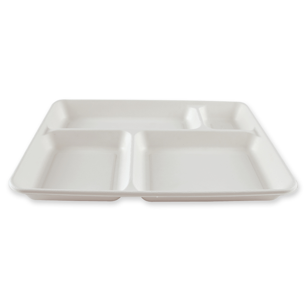 Organic menu tray, 4-compartments, rectangular made of bagasse in the front view