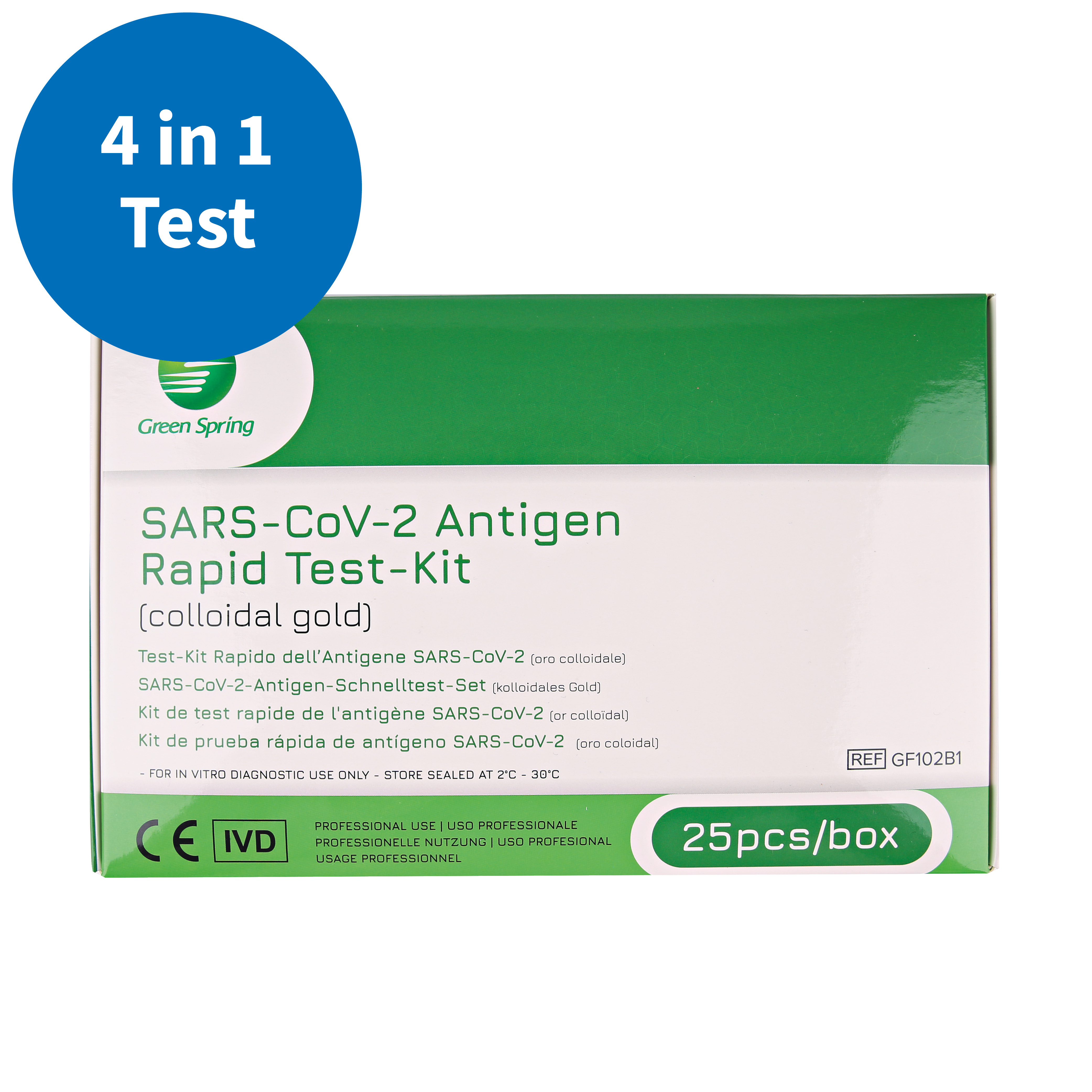 Green Spring SARS-CoV-2 antigen rapid test kit (colloidal gold) in top view with 4 in 1 - button