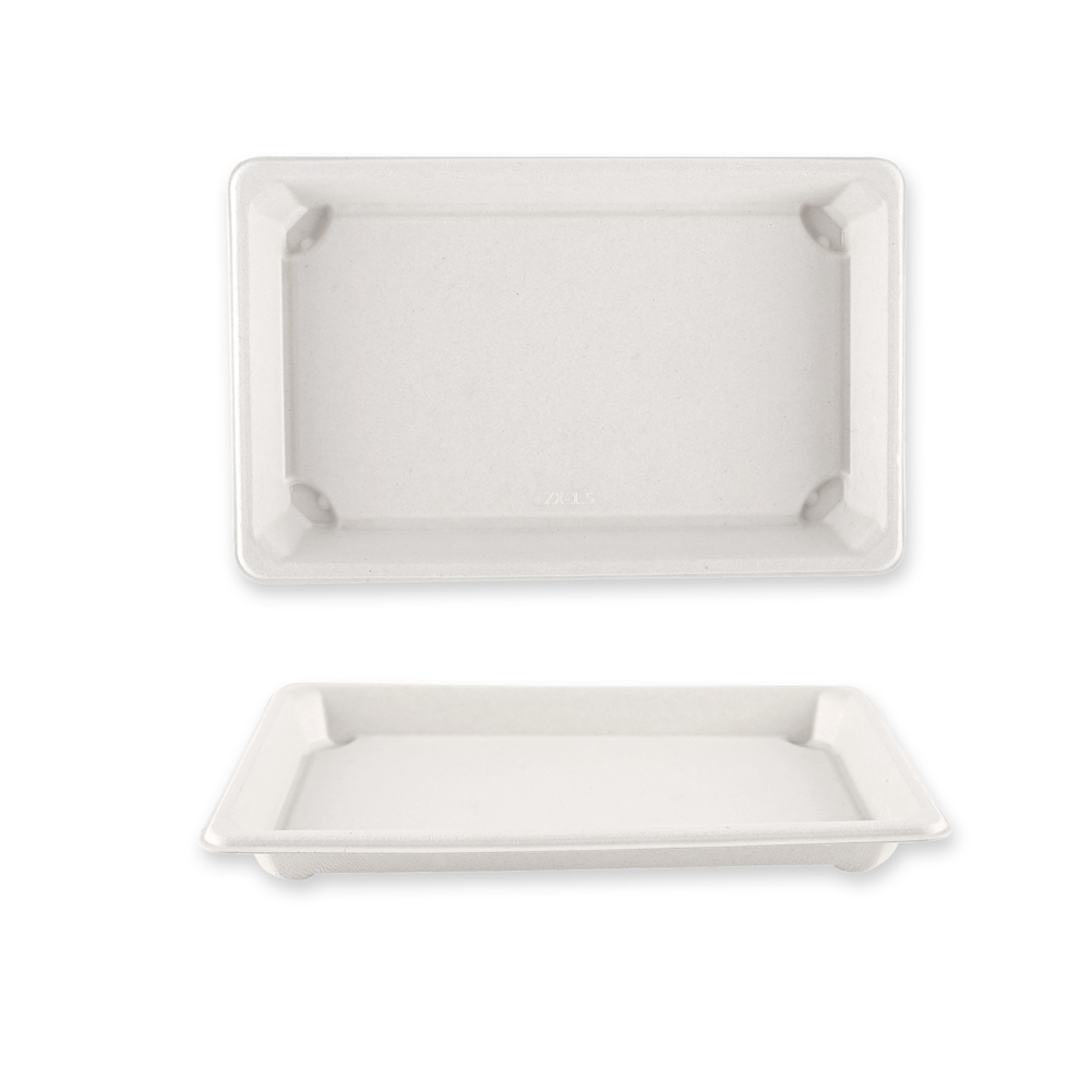 Organic sushi trays made of bagasse, top and side view