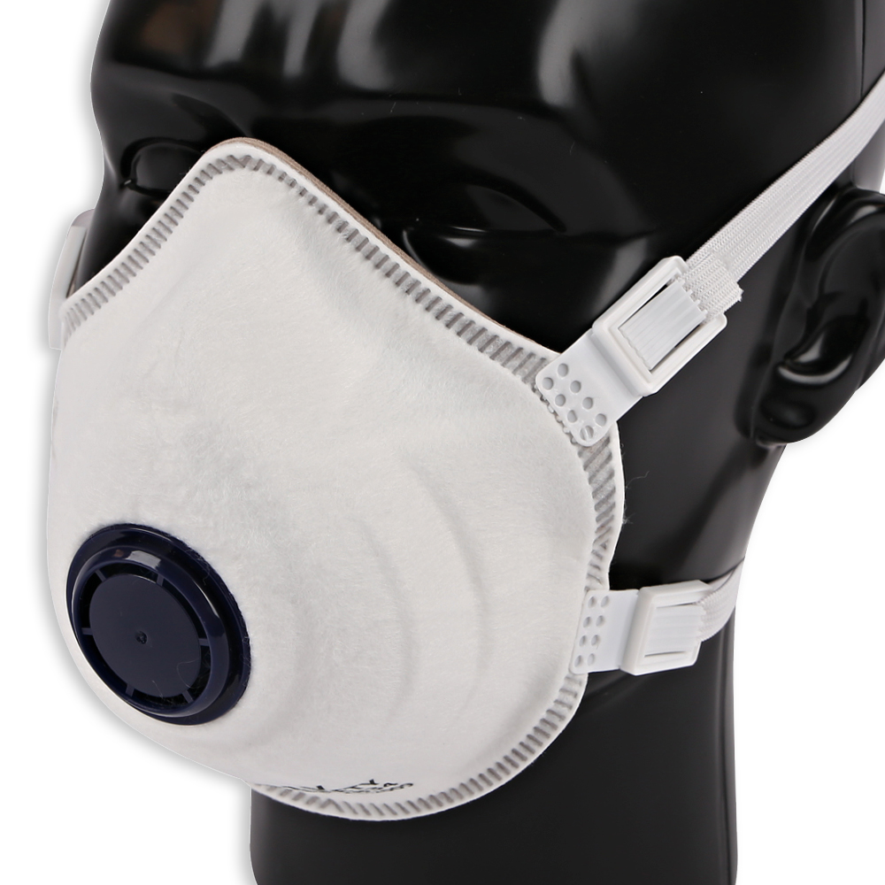 Respirators FFP3 NR with valve, cup-shaped made of PP in the oblique view